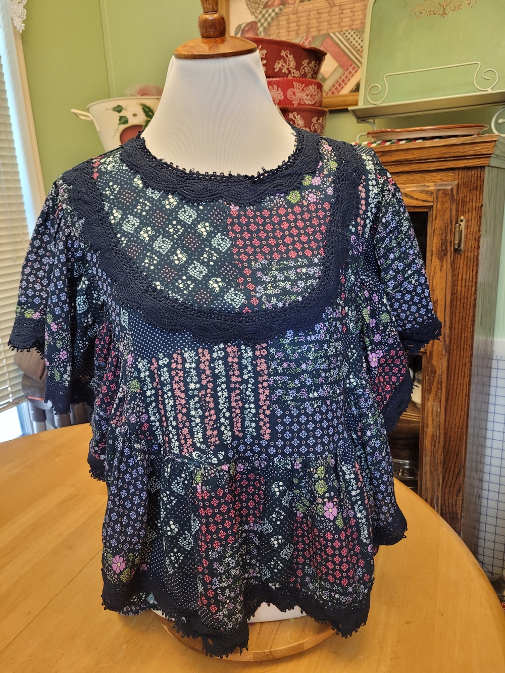 Easel Navy Floral Patchwork Flutter Sleeve Top